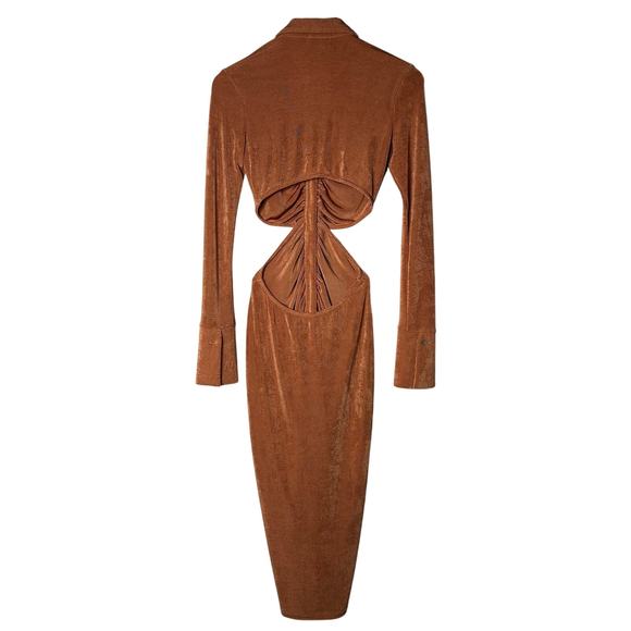 Isalis Dress Midi Button Down Front Split Back Long Sleeve V‎ Neck Ruched Size S - Picture 5 of 11